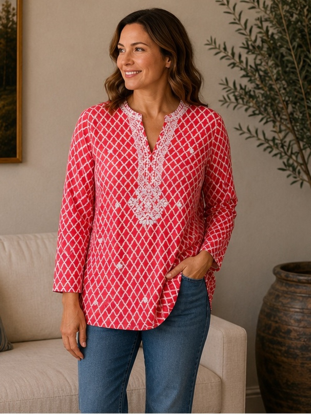 Linen Charter Club Coral Tunic with White Embroidery small petite 100% linen